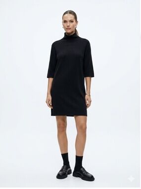 Zara Turtleneck Shift Dress Half Sleeve Knee Length Classic Black Size Large